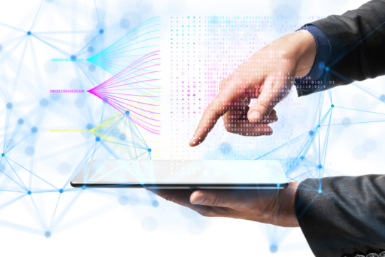 Businessman's hand interacting with a digital tablet, displaying flowing binary code and data visualization on a white background, concept of digital technology