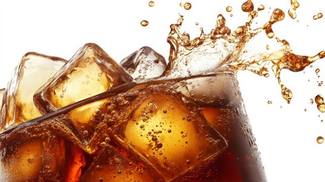 Close-up of refreshing soda with ice cubes splashing. Perfect for drink, beverage, and summer concepts in high resolution.