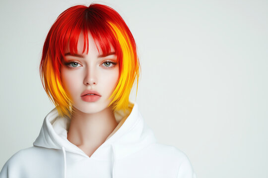 Female Model with Vibrant Red and Yellow Bob Hairstyle in White Hoodie