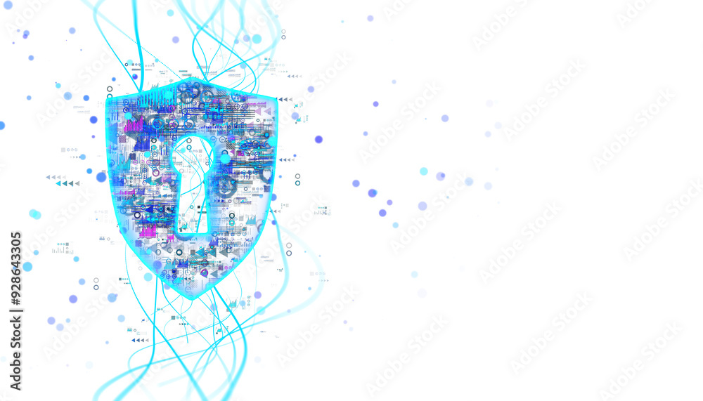 Poster A digital shield with a keyhole is enveloped by virtual data streams on a white backdrop. Concept of cybersecurity. 3D Rendering