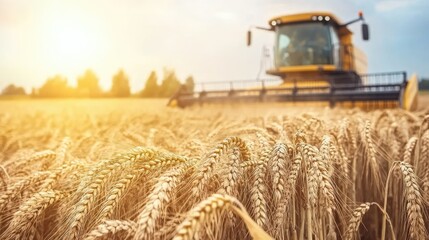 A combine harvester operates in a golden wheat field under bright sunlight, collecting crops during the peak of the harvesting season