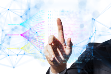 A hand interacting with virtual binary data streams on a white background, representing the concept of technology, digital communication, and data processing