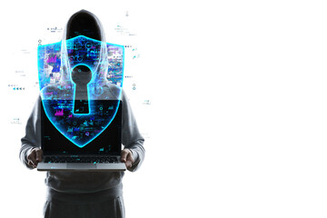 Hooded figure holding a laptop with a holographic shield overlay, set against a white background....