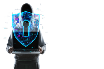 Hooded figure holding a laptop with a holographic shield overlay, set against a white background. Concept of cybersecurity and internet protection