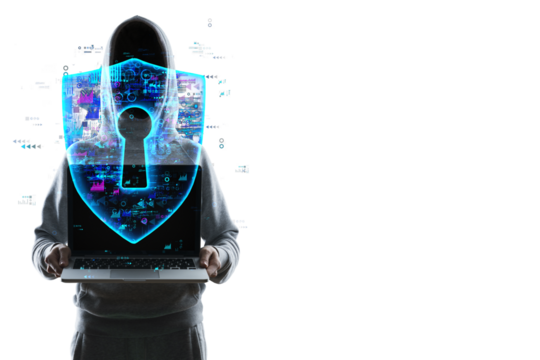 Hooded figure holding a laptop with a holographic shield overlay, set against a white background. Concept of cybersecurity and internet protection