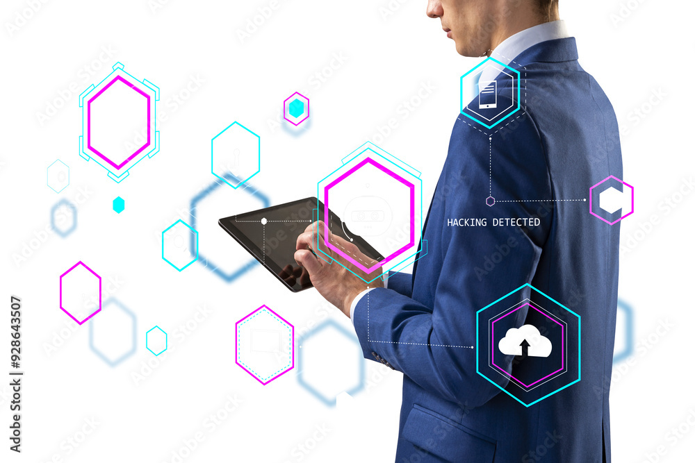 Poster Man in a blue suit using a tablet with virtual holographic icons representing data security on a white background, illustrating cyber security concept
