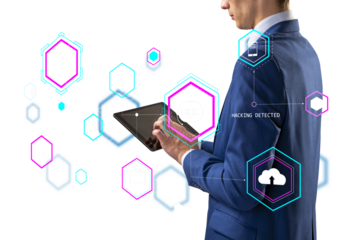 Man in a blue suit using a tablet with virtual holographic icons representing data security on a white background, illustrating cyber security concept