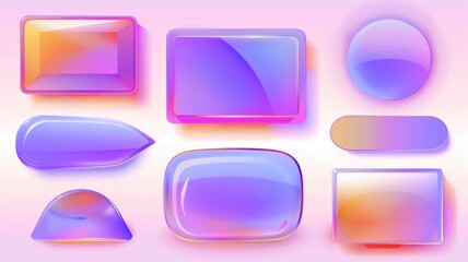 A collection of glassmorphism buttons in different shapes and sizes, with vibrant gradient backgrounds and frosted glass effects