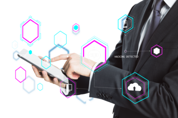 Businessman using a tablet with virtual security icons and holograms. white background. Concept of digital security and data protection