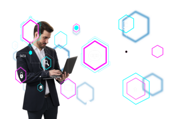 A man in a suit using a laptop surrounded by virtual icons and holograms. The background is white, emphasizing the concept of data security and hacking detection