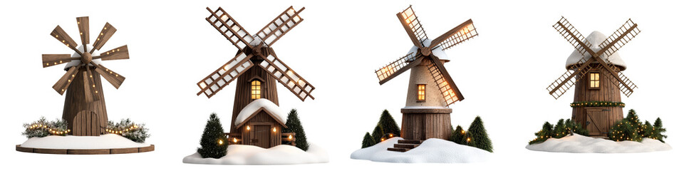 Obraz premium A picturesque set of snow-covered windmills, showcasing a cozy winter scene with rustic charm and serene beauty.