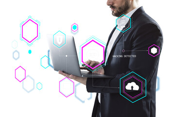 A businessman uses a laptop, surrounded by cybersecurity and data icons on a white background. Concept of digital security and hacking detection