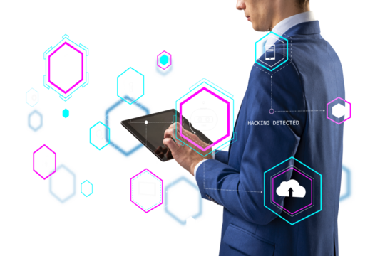 Man in a blue suit using a tablet with virtual holographic icons representing data security on a white background, illustrating cyber security concept