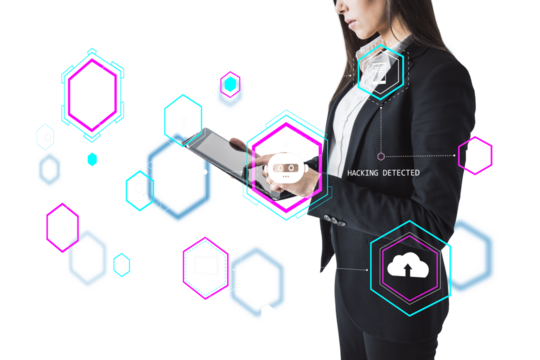 Businesswoman interacting with holographic security icons on a white background. Concept of cybersecurity and data protection