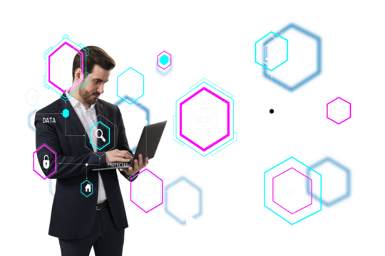 A man in a suit using a laptop surrounded by virtual icons and holograms. The background is white, emphasizing the concept of data security and hacking detection