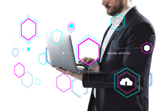 A businessman uses a laptop, surrounded by cybersecurity and data icons on a white background. Concept of digital security and hacking detection