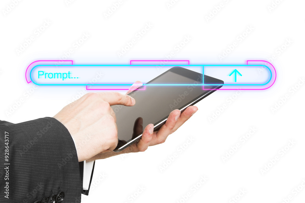 Poster hands holding a tablet with a neon search bar overlay. white background. concept of digital interfac