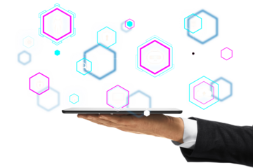 Digital security concept with holographic icons above a tablet in a businessman's hand on white background, representing data protection and cybersecurity