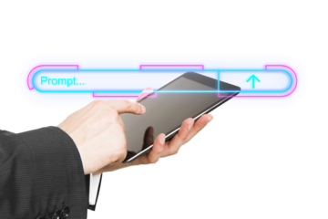 Hands holding a tablet with a neon search bar overlay. white background. Concept of digital interface and modern technology
