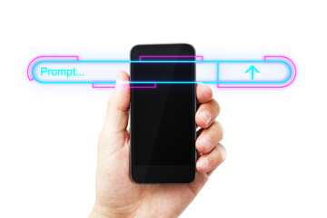 A hand holding a smartphone with a neon prompt bar and arrow, glowing on a white background. Concept of digital interaction and technology