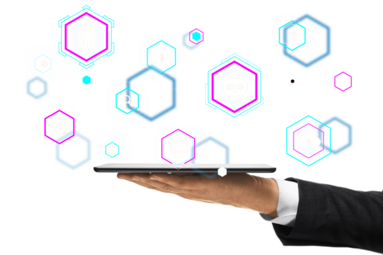 Digital security concept with holographic icons above a tablet in a businessman's hand on white background, representing data protection and cybersecurity