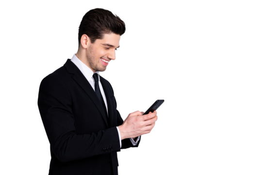 Profile side view photo of smart confident executive investor investment concept have success new contract get messages feel satisfied isolated wear trendy fashionable clothing on grey background