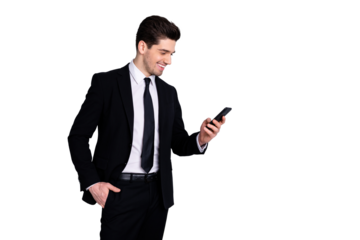 Portrait charming representative have good mood feel excited get message notifications put hand in pocket have achievement career plans content dressed fashionable clothes isolated silver background