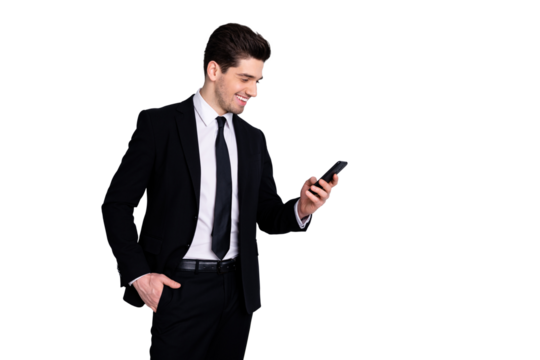 Portrait charming representative have good mood feel excited get message notifications put hand in pocket have achievement career plans content dressed fashionable clothes isolated silver background