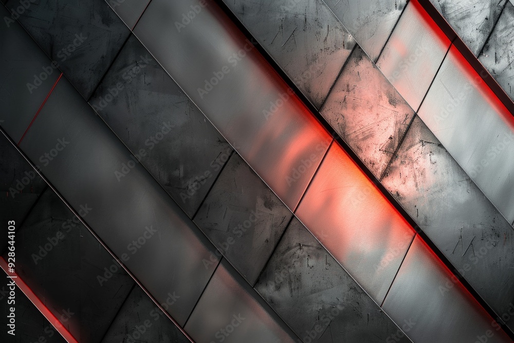 Wall mural modern metal wall background, steel and stainless steel panels with little red reflections.