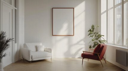 Armchair and Sofa in Minimalist Japandi interior design, Scandinavian interior design of modern living room against arch stucco wall, Antique White, Light and Shadow