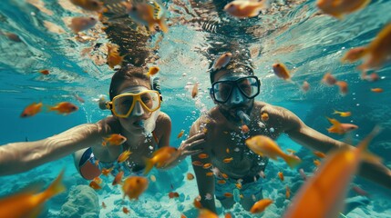 Underwater Selfie with a Couple Snorkeling Among Fish