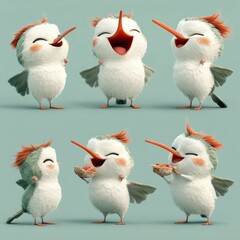 Fototapeta premium Cute animated birds expressing joy and playfulness in various poses.
