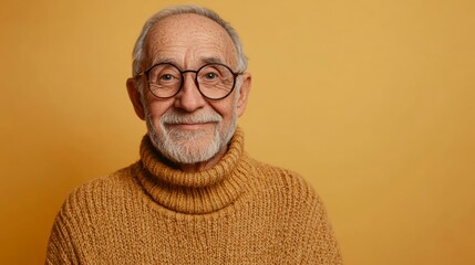 Obraz premium Senior man with glasses and white beard smiling on yellow background