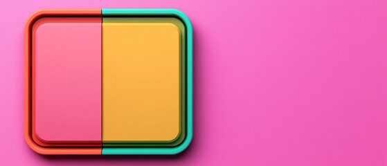 Colorful geometric shapes with split colors on a vibrant pink background, ideal for abstract and modern design usage.
