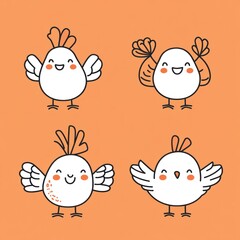Four cute cartoon chickens with different expressions on an orange background.