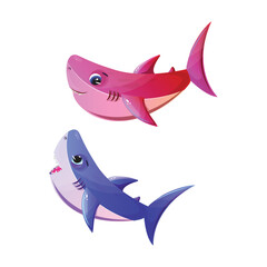 Obraz premium Cute pink and blue sharks representing love and romance, ideal for Valentines illustrations