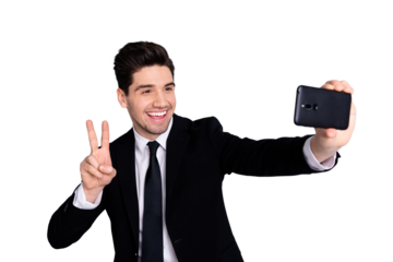 Portrait of funny ceo feel excited have rest break pause make v-signs take photos use user gadgets blog blogging wear black modern jackets isolated on grey background