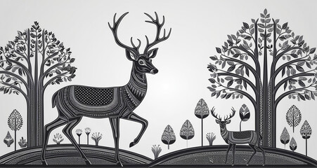 Traditional Gond art from India of deer and trees on a white textured background
