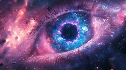 Human eye reflecting colorful nebula and distant galaxies