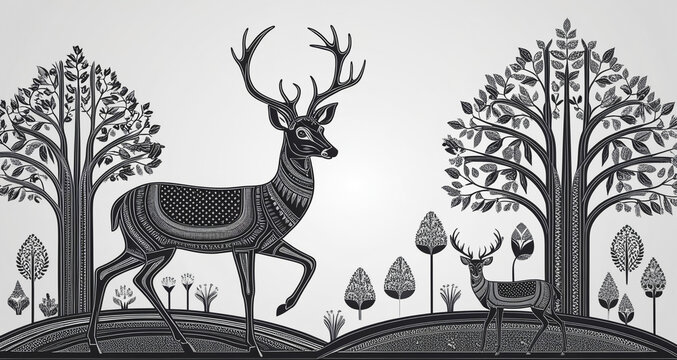 Traditional Gond art from India of deer and trees on a white textured background