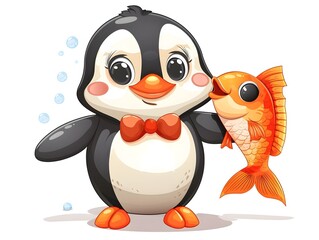 Fototapeta premium Cute Cartoon Penguin Wearing Bow Tie Holding a Fish on White Background
