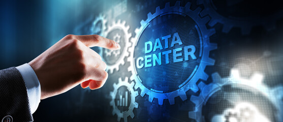 Data center inscription on virtual screen. New abstract mixed Media background