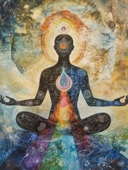Obraz premium A meditative figure radiating vibrant energy, symbolizing balance and harmony. artwork features intricate patterns and spectrum of colors. 
