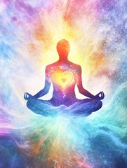A meditative figure radiating vibrant colors and light, expressing peace and harmony. heart at center symbolizes love and energy. 