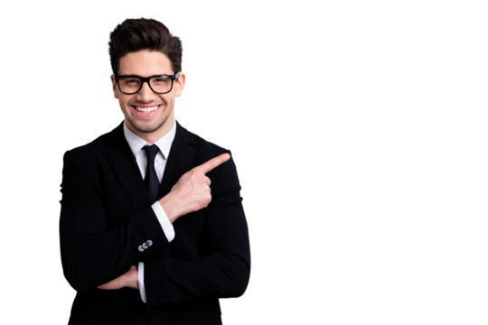 Portrait of his he nice imposing representative elegant classy chic attractive cheerful guy sales expert development agent broker pointing aside isolated over light gray background