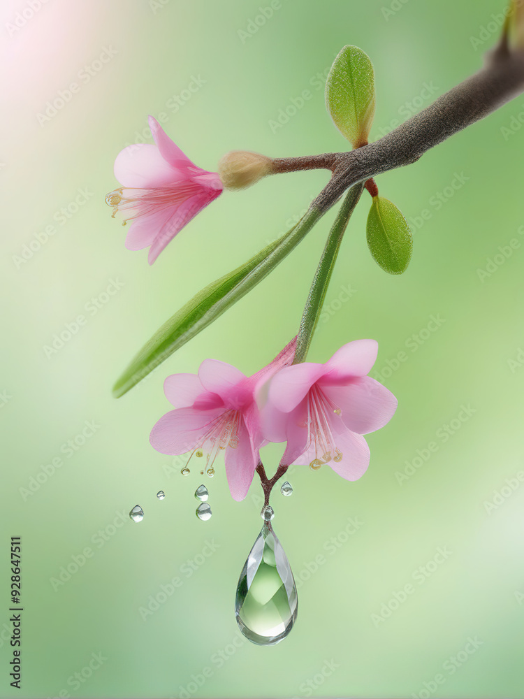 Wall mural Pink flowers and a large teardrop on a branch with a green background.