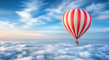 Fototapeta premium A hot air balloon drifts above the clouds, surrounded by a bright blue sky, capturing the spirit of adventure and the joy of flight on a beautiful day