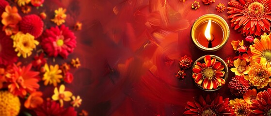 Colorful Happy Diwali festival backdrop with bokeh lights, oil lamp, flower on red background