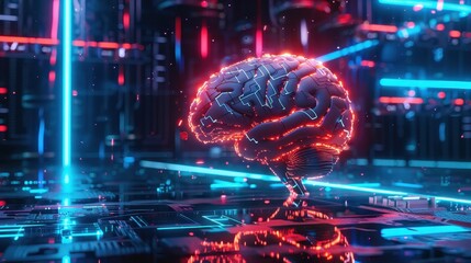 Stylized brain with circuit patterns, set against a backdrop of a futuristic digital environment with neon lights