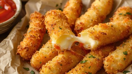 Plate of fried cheese sticks, also known as mozzarella sticks, which are a popular appetizer in various cuisines